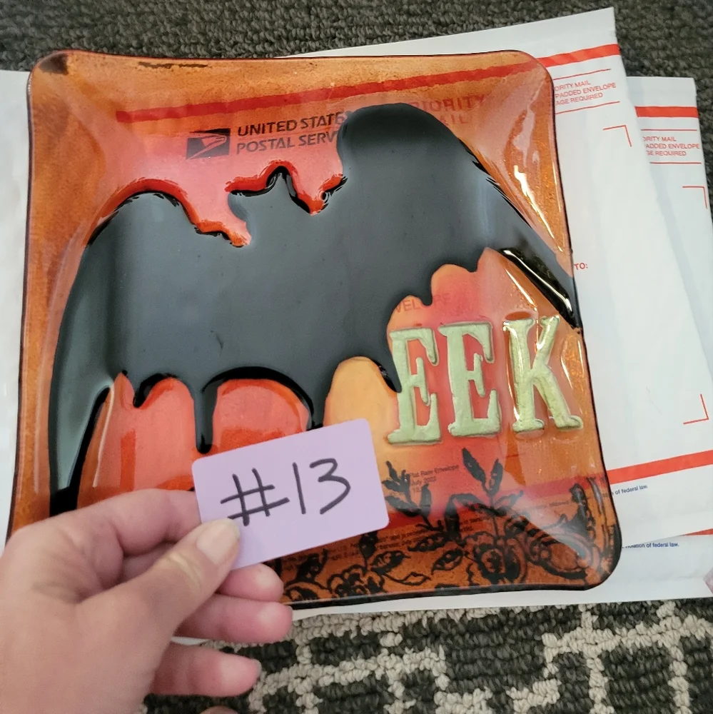 Halloween orange glass 10 × 10 square platter EEK with bat